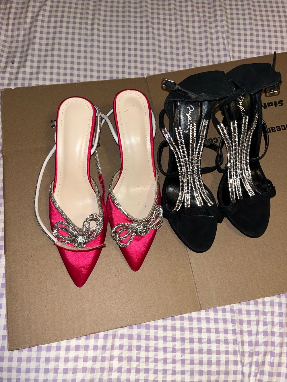 Qupid Pink Satin Pointed Slingback Heels with Crystal Bow
